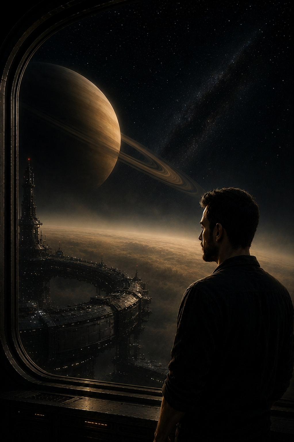 Corvus looking out at Saturn from the observation alcove above Veridian Station's lower ring